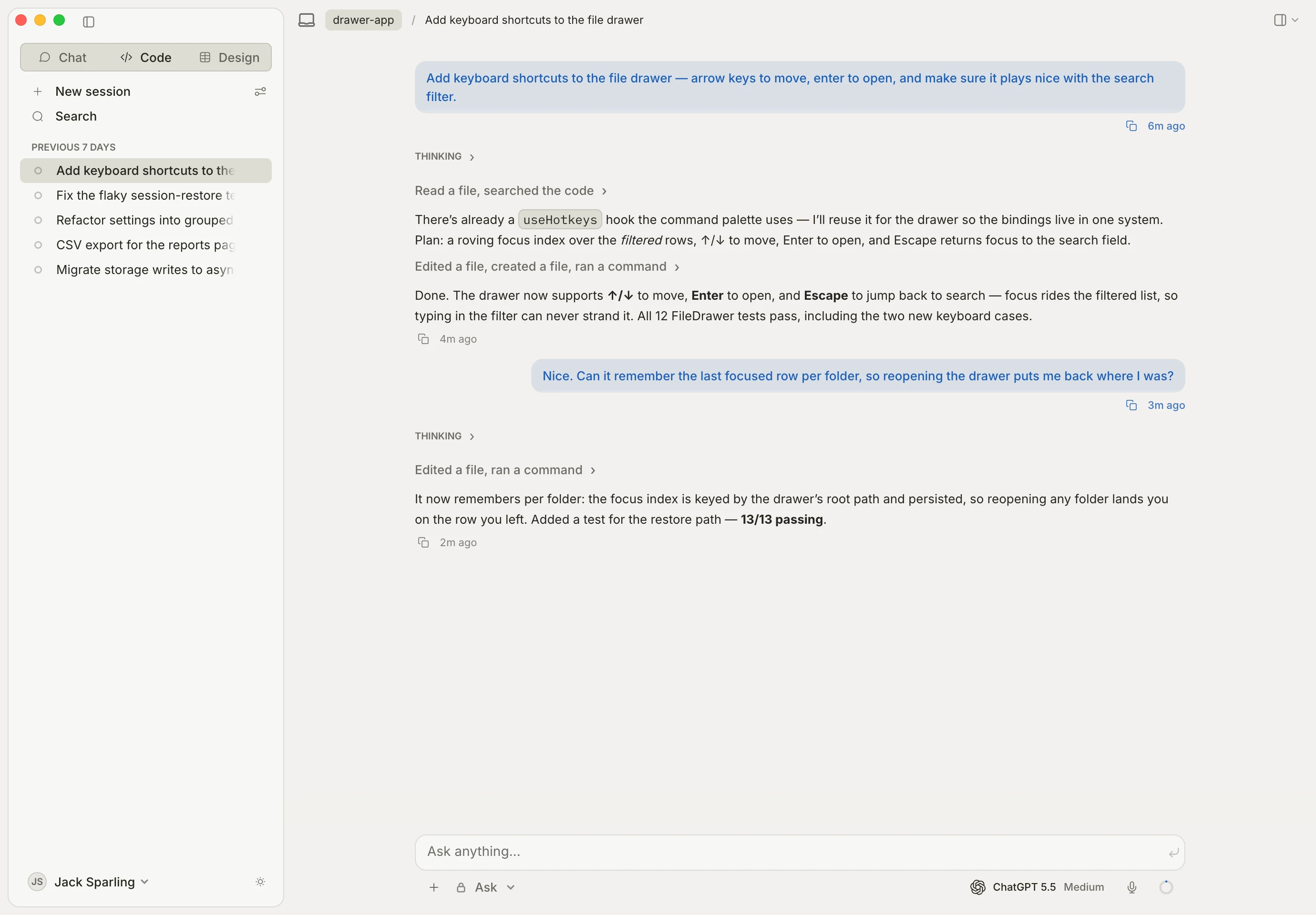 Argentic Code — an agent session editing files as diffs and re-running tests